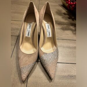 jimmy choo nude suede pumps with rhinestones